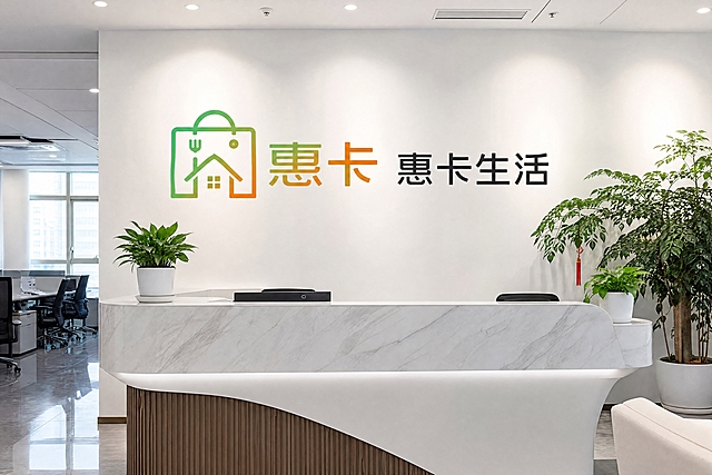 公司前台接待区照片，现代简约风格前台，白色大理石台面，背景墙上有醒目的"惠卡生活"品牌logo，logo为绿色到橙色渐变线条设计，包含购物袋、房子、叉子图形和"惠卡"文字。旁边有绿植装饰，柔和的室内灯光，干净整洁，真实商业摄影质感