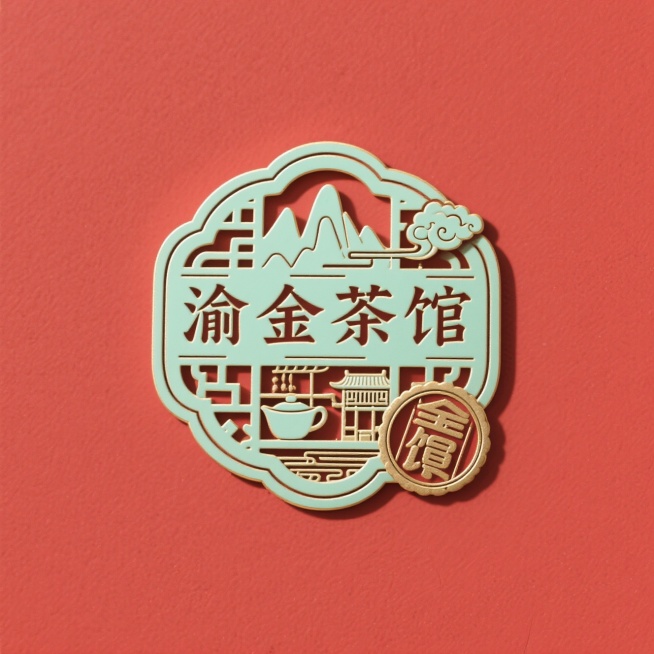 LOGO设计，财经logo设计，创意字体设计，篆书复古复刻文字, “渝金茶馆”，古朴的仿篆书风格，字体采用浮雕镂空+山城特色的风格，结合复古图章、云纹、茶馆，徽章排版形式，艺术构图，精致小巧的字符“扎预览效果