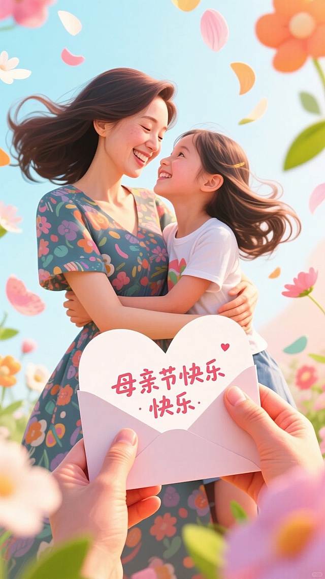 温馨插画风，母女相拥，轻拟物花朵环绕，母亲节甜蜜祝福。
