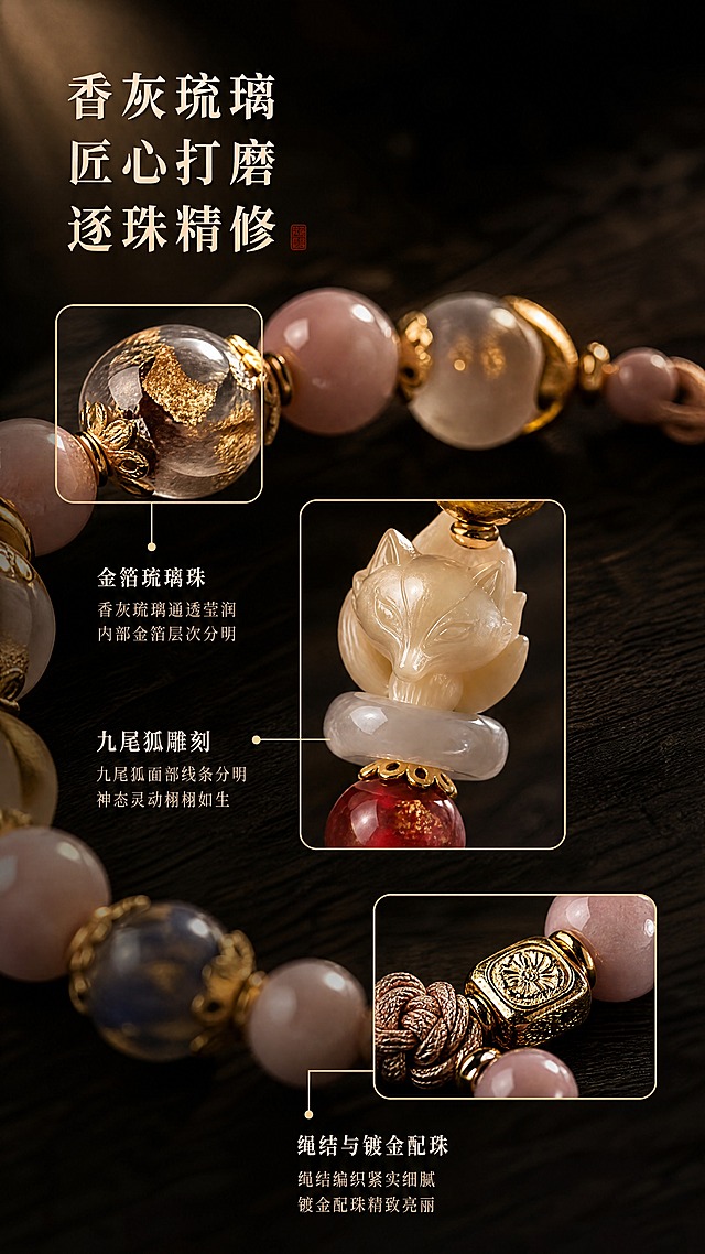 [商品] 使用【图1】九尾狐香灰琉璃手串；保留手串各部件结构、粉色主珠纹理、九尾狐白珠雕刻细节、金箔琉璃珠内部金箔分布、镀金隔珠花纹、绳结与配珠细节；商品处理：微距下增强琉璃珠体通透感与内部金箔层次感，突出狐狸面部雕刻线条，绳结编织纹理清晰，镀金件反光细腻。
[画面] 页面目标为工艺细节展示，突出匠心打磨品质。全篇唯一深色屏，墨黑木质台面为基底，侧逆光从左上打来，勾勒珠体轮廓与通透层次。画面分2-3个局部特写区块：左上为珠体透光特写（金箔琉璃珠内部金箔纹理清晰可见），中间为九尾狐面部雕刻特写（眉眼鼻线条分明），右下为绳结与镀金配珠特写（绳结编织纹理+隔珠花纹）。各特写下方留极细技术标注引线。整体呈工艺纪录片质感。
[视觉] 套系策略：风格=新中式东方美学高级商业摄影；标题字=宋体衬线粗体；正文字=纤细宋体；主色=墨黑深棕；背景延展=墨黑色木质台面，细腻木纹肌理，深色低饱和；强调色=暖金色，仅用于侧逆光轮廓光、珠体高光和技术标注细线；标题色=米白色；正文色=浅暖灰；组件=极细技术标注线、侧逆光光束、木纹台面；光影=侧逆光为主，暗调环境，突出琉璃通透与金箔闪耀。
[文字] 画面上方横排主文案「香灰琉璃  匠心打磨  逐珠精修」，分三行排列，各局部特写下方配极细引线标注对应工艺点。文字均为横排，米白色，不遮挡珠体核心细节。
[规格] 图片比例9:16竖版，4K分辨率，避免变形、错字、文字过小、整体过亮丢失暗调氛围、珠体结构失真、金箔效果虚假。