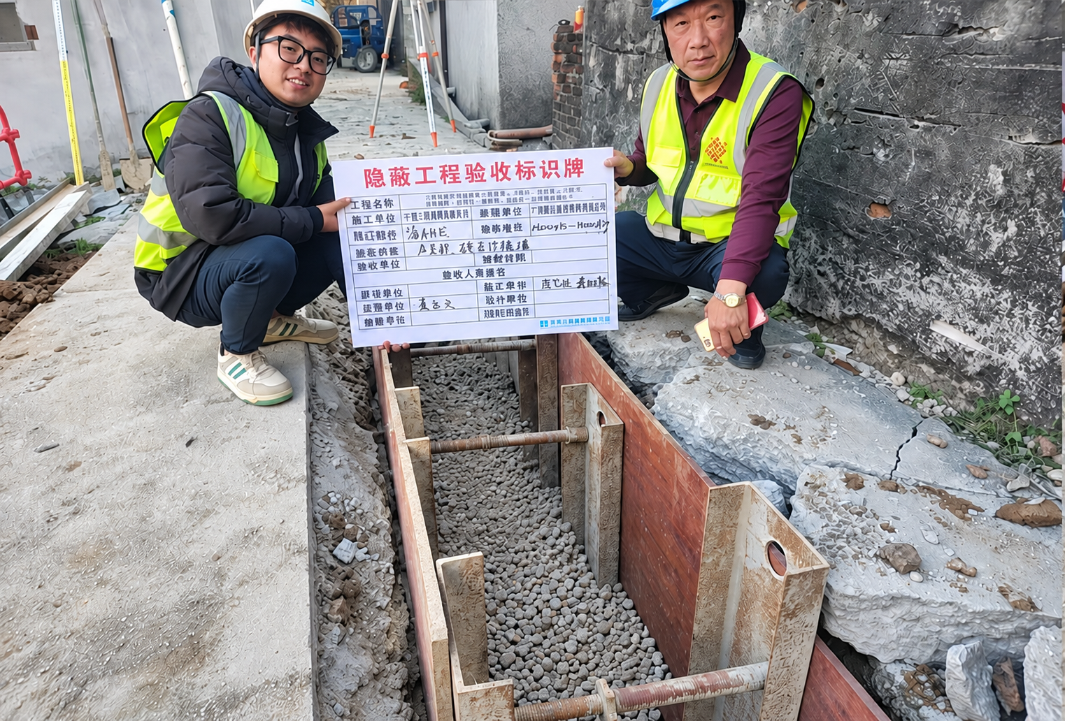 这是工地沟槽照片，红色方框和数字“1”标注了左侧沟槽内的一块竖… - 图片创意预览