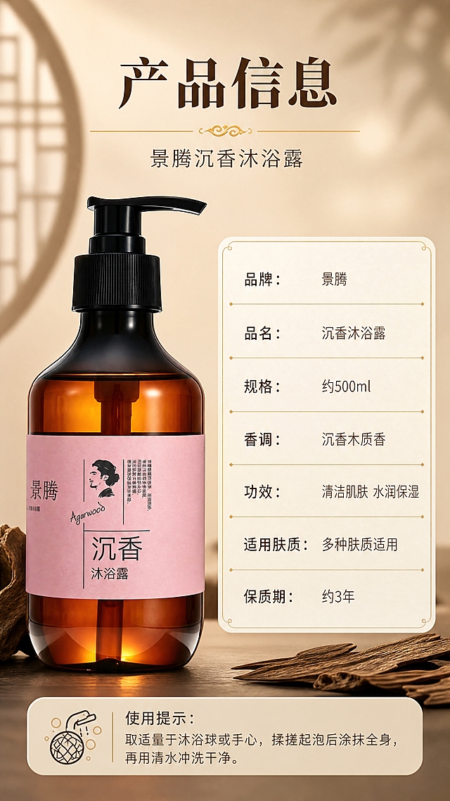 [商品] 使用【图1】景腾沉香沐浴露标准照；保留琥珀棕瓶身、黑色泵头、粉色标签全部元素和文字，瓶身结构比例不变，置于画面左侧。
[画面] 目标：产品信息与规格参数收口，辅助消费者选购决策。构图：左产品右参数表的竖版布局；左侧产品大图占画面约45%，右侧产品信息表格占约45%；顶部主标题区；底部使用小贴士。前中后景三层：前景产品+信息卡，中景参数表格，后景浅暖棕渐变背景。
[视觉] 套系策略：风格=东方轻奢高端商业摄影，新中式香氛美学；标题字=宋体衬线粗体，东方雅致；正文字=简洁无衬线体；主色=沉香棕+暖金+米白；背景延展=浅米棕到暖棕的渐变、细腻质感、柔和光晕；强调色=鎏金色，仅用于标题下划线和表格分隔线；标题色=深棕；正文色=中暖棕灰；组件=细线表格、圆角参数卡、中式分割线；光影=柔和正面光，产品清晰展示。
[文字] 顶部主标题"产品信息"，副标题"景腾沉香沐浴露"；右侧参数表横排文字：品牌：景腾、品名：沉香沐浴露、规格：约500ml、香调：沉香木质香、功效：清洁肌肤 水润保湿、适用肤质：多种肤质适用、保质期：约3年；底部使用提示："取适量于沐浴球或手心，揉搓起泡后涂抹全身，再用清水冲洗干净。"；文字均为横排，表格清晰易读。
[规格] 图片比例9:16竖版，4K，负向提示：避免变形、错字、文字过小、参数虚构精确值、医疗功效、冷色调、瓶身失真。