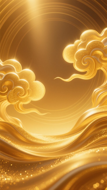 金色流体渐变背景中，两朵形态优雅的金色祥云从画面两侧缓缓升腾，祥云边缘镶嵌着流动的光晕，呈现出丝绸般光滑细腻的质感。温暖的金黄色调从明亮的高光区域向柔和的暗部自然过渡，光线从画面上方照射下来，形成流畅起伏的波浪状纹理，表面点缀着细小的金色闪光颗粒。祥云周围环绕着多层同心圆光晕，由内向外呈现出从亮金到暖黄的渐变，光影层次丰富，高光处明亮耀眼，阴影处柔和深邃，整体营造出奢华、高贵且充满流动感的视觉……预览效果