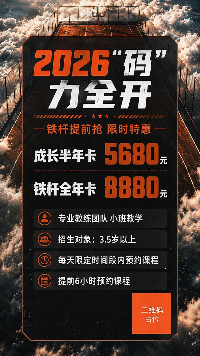沿用参考图的视觉风格，以云海篮球场为背景，制作竖版9:16抖音商业海报。高空上帝视角纵深篮球场延伸至云海云层，铁丝网围栏环绕，复古胶片颗粒质感，橙黑撞色主色调，写实风格，高级运动商业风。画面中央设置深色半透明黑色卡片（带切角边框），卡片内排版文字。顶部大标题超粗黑体"2026"码"力全开"，字号最大最醒目，橙白配色；副标题"铁杆提前抢 限时特惠"，橙色强调。价格展示区两行醒目大字："成长半年卡 5680元"、"铁杆全年卡 8880元"，价格数字放大突出显示。下方信息板块分条呈现："专业教练团队 小班教学"、"招生对象：3.5岁以上"、"每天限定时间段内预约课程"、"提前6小时预约课程"。卡片右下角设橙色二维码占位方块。所有标题加粗醒目，内容文字清晰可读，行距舒适，整体版式精美有层次，与参考图风格完全统一。画面中所有数字必须精确渲染，不得错位、遗漏或编造。画面中所有二维码区域使用纯色方块占位符呈现，方块中央标注"二维码占位"文字。画面中所有信息区域必须填充完整合理的内容。