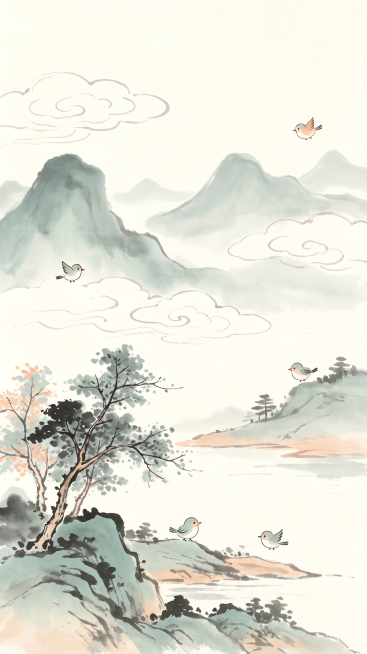 去掉图片右下角的“豆包AI生成”水印，保持原图的古风国风水彩山水画风格，保留所有山水树木小鸟元素，整体色调和风格和原图一致预览效果