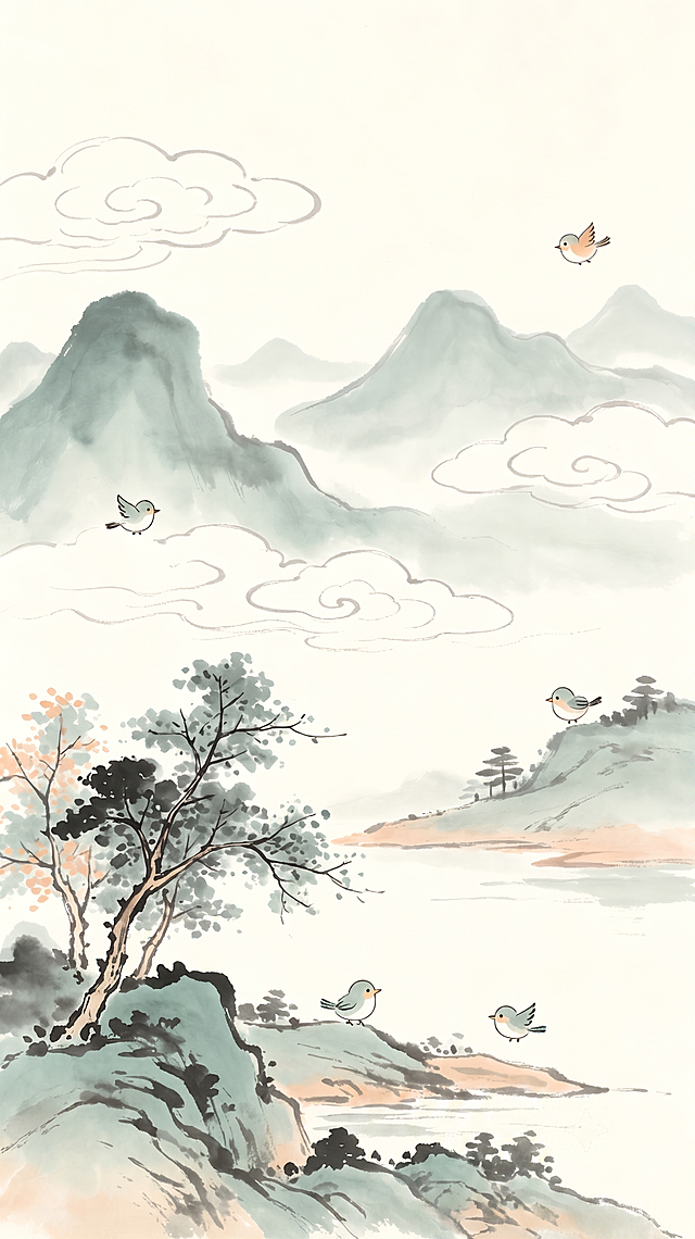 去掉图片右下角的“豆包AI生成”水印，保持原图的古风国风水彩山水画风格，保留所有山水树木小鸟元素，整体色调和风格和原图一致