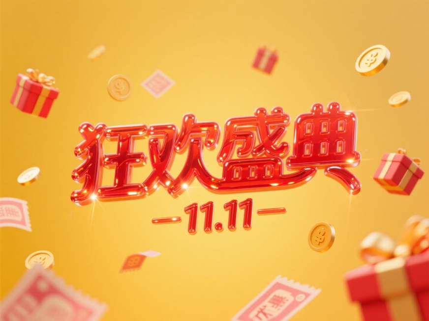 红色玻璃艺术字"狂欢盛典"，下方一行稍小的字“11.11”。周围漂浮点缀礼盒、优惠券、金币等促销元素，线条流畅，暖黄色背景，高纯度配色。预览效果