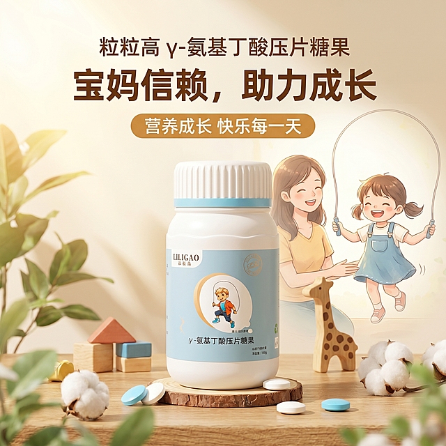 这款粒粒高γ-氨基丁酸压片糖果，面向宝妈和小朋友，风格清新自然，着重表达帮助孩子成长的功效，作为淘宝主页商品主图，画面干净温馨，适配母婴保健品展示场景