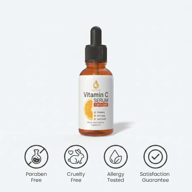 [主图 10] 品牌与售后承诺展示图，Vitamin C精华液品牌服务展示。
[氛围风格] 专业可信，简洁高级，符合跨境电商规范。
[画质] 商业设计质感，清晰干净，高级简约。
[元素] 保持原产品外预览效果