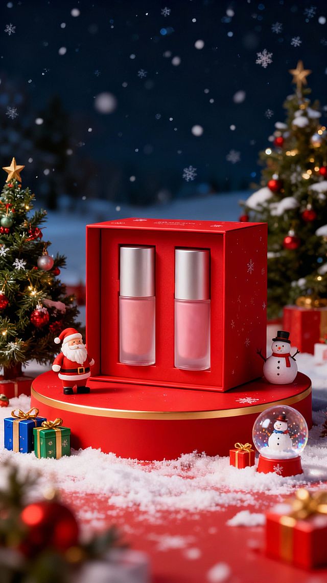 画面中心展示图中商品的红色圣诞风礼盒，摆放在红金圆形展台上，展台上元素丰富，搭配圣诞老人摆件，周围点缀圣诞元素（圣诞树、多色礼物盒、雪人水晶球），背景为夜晚飘雪的场景，以红色为主色调，营造温馨促销氛围。
