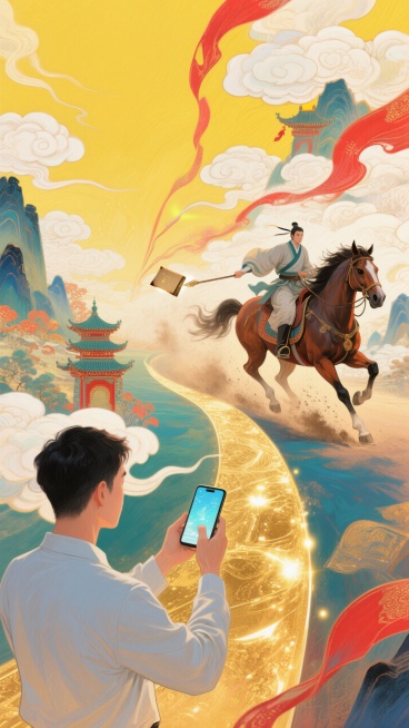 现代人用手机通讯与传统快马传信形成对比，黄色色主色调，红色点缀，鎏金道路带光效，对角线构图，画面明亮预览效果
