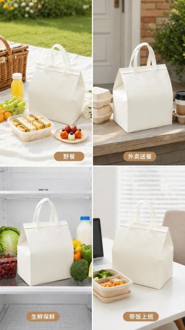 [第11屏] 用途场景展示，不同场景适用展示。本屏使用【图2】米白色保温袋，四格场景展示。
[氛围/风格] 清新自然场景风，真实使用场景展示。
[元素布局] 页面四宫格分割，四个场景分别为野餐、外卖送预览效果