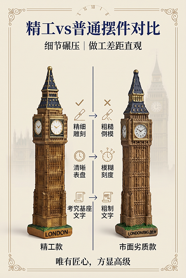 2:3竖版竖屏，英伦复古写实轻奢商业杂志摄影风格；情绪基调：文艺、精致、复古、高级；严格还原上传的大本钟摆件产品图，包括塔身雕花、藏青尖顶、多面白色表盘、底座LONDON/BIG BEN文字、仿真草坪等所有外观细节；产品高20cm，底座4cm×4cm，尺寸比例1:1还原；产品复杂结构判定：false；展示重点：左右分栏本店精工款与市面劣质款细节对比；突出卖点：高还原精工工艺，优于市面粗糙摆件；痛点场景：市面低价摆件做工粗糙易损坏；产品出现：画面左右分栏并排摆放对比；图中图元素：优劣标注箭头、对比文字标签；构图：产品占比55%，左右对称分栏竖式构图，边缘留白不低于20%；信息布局：画面顶部主副标题区域 + 画面中间对比标注文字 + 底部品质总结短句；氛围营造：统一浅米白底，用藏青分割线区分两款产品；背景色：浅米白色(#F5F1E8)；主色调：复古古铜棕(#C19A6B)；辅助色：藏青(#1A237E)；点缀色：鎏金(#FFD700)；背景元素：简约欧式线条、浅浮雕暗纹、低透明度朦胧伦敦大本钟剪影；标题：思源宋体Heavy；正文：思源黑体Regular；字号层级：主标题:副标题:正文=3:1.8:1；光线：柔和漫射柔光，凸显树脂哑光做旧肌理；景深：f/2.0浅景深背景虚化突出主体；相机参数：f/2.0，1/125s，ISO100；光影特效：自然哑光质感、立体建筑柔和阴影；装饰元素：复古钟表刻度、英伦风格线条、欧式卷草纹；图标风格：2px圆角简约线性欧式复古图标；4K高清，专业产品商业广告级，超写实照片质感，全页面视觉风格统一无割裂感；主标题：精工vs普通摆件对比；副标题：细节碾压｜做工差距直观