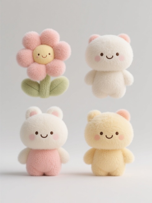 简约现代风格的纯色背景上，四个不同造型的毛绒玩偶呈规整排布。每个玩偶都具有类似原图中花朵玩偶的柔软蓬松质感，圆润可爱的形态，明快柔和的色彩搭配，以及简洁讨喜的面部表情设计，整体视觉统一且充满童趣。预览效果