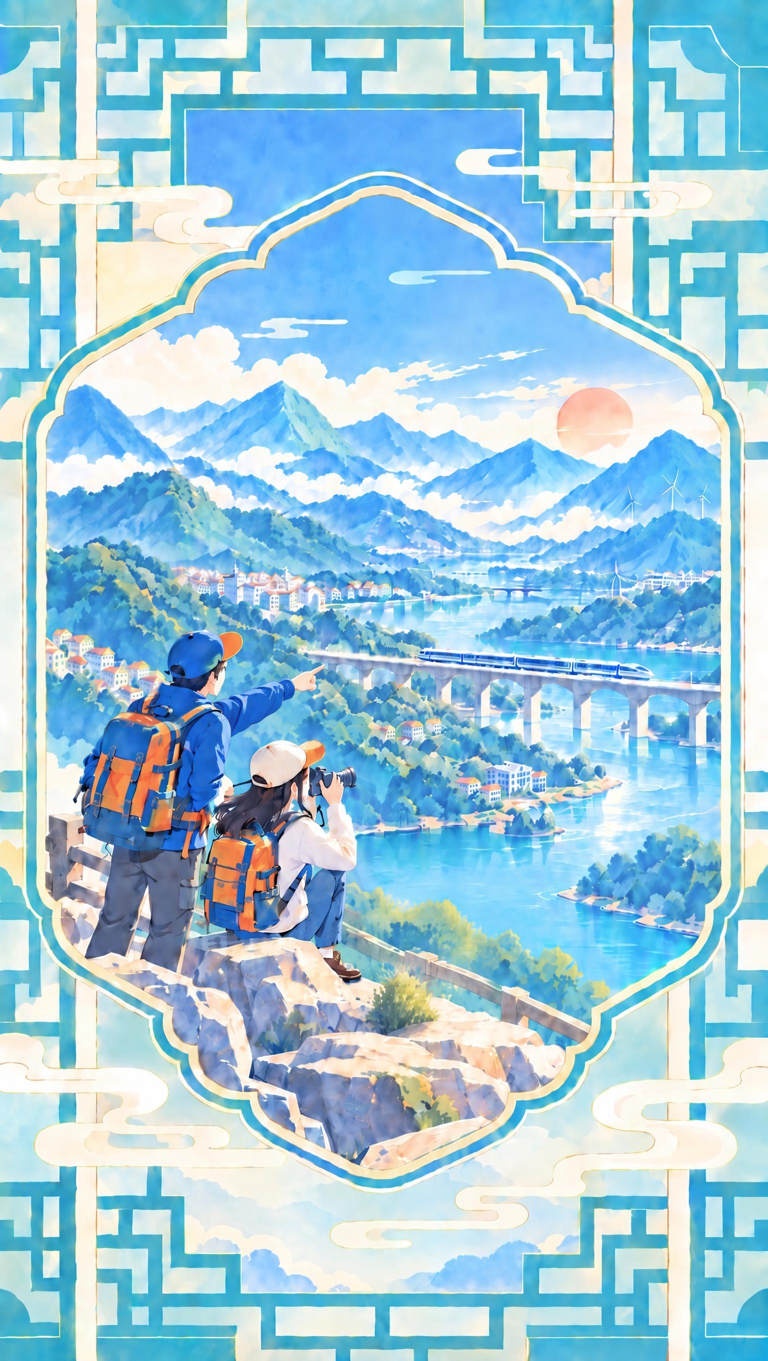 修正画面中左侧男生的右手（指向远方的手），手指姿势和位置要自然… - 图片创意预览
