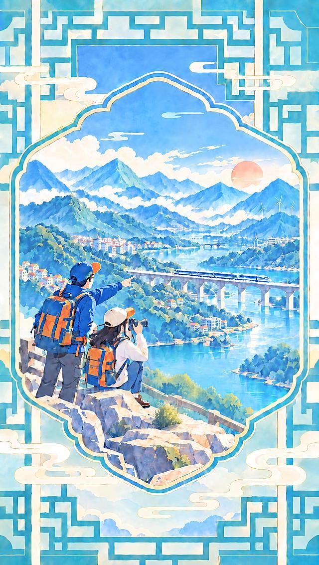 修正画面中左侧男生的右手（指向远方的手），手指姿势和位置要自然协调，符合人体结构，食指自然指向远方的高铁方向，手臂伸展角度自然，严格保持原图的国风水彩插画风格、色调、光影、笔触完全不变，其他所有元素保持原样