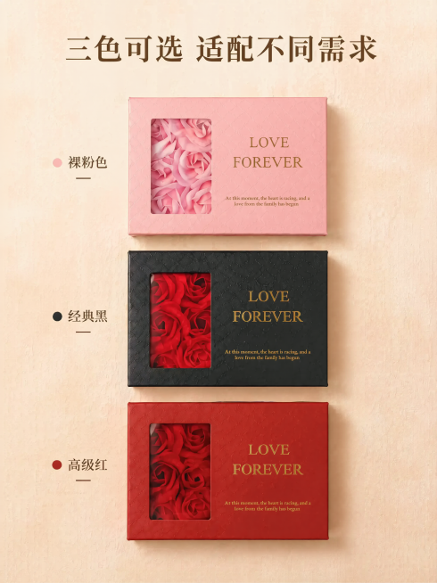 「图片1」「图片1」「图片1」「图片1」「图片1」生成一套能顺下去的高级感的详情图，产品名称：永生玫瑰花饰品礼盒
核心卖点：三色可选（温柔裸粉/经典黑/高级红），压纹盒身烫金工艺，开窗可视设计，适用于预览效果