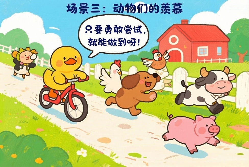 动物小一点，加上场景三：动物们的羡慕的文字，尺寸是宽60厘米高40厘米预览效果