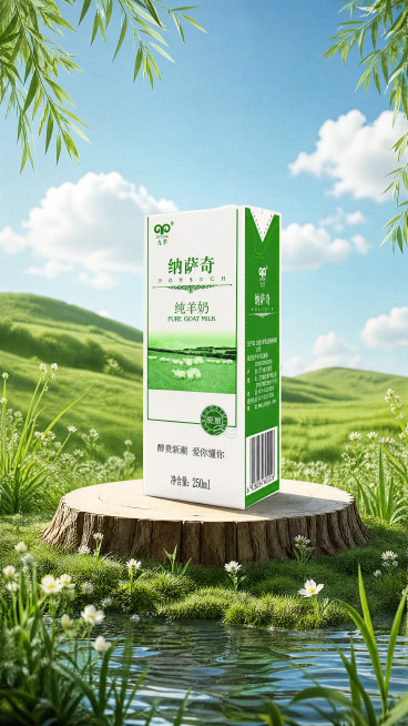 纯羊奶饮料盒，严格参照上传产品图（https://gdesign-dam-hz.dancf.com/36858633442940977/04d64621787c45d099bfbf8dfa79ae23预览效果