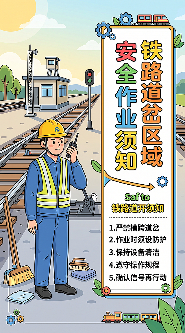 铁路安全主题插画，扁平化卡通风格，明亮色彩，竖版构图。画面展示铁路道岔区域安全作业场景：左侧一位穿着蓝色铁路工作服、戴安全帽的工作人员，手持对讲机正在通话，旁边放着扫帚、毛刷等清扫工具，道岔设备清晰可见，远处有车站值班室建筑和信号灯。画面右侧有醒目的安全提示文字区域。整体风格简洁明快，适合安全教育宣传