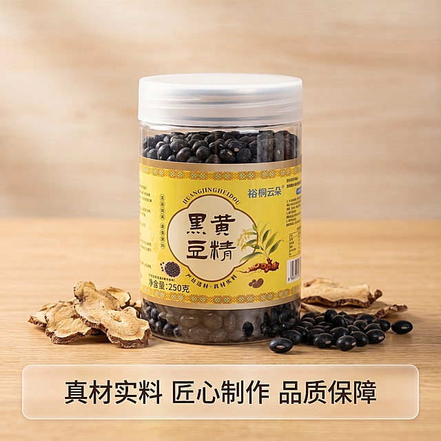 [主图 5] 品质承诺转化主图
[氛围风格] 简洁可信，品质感，古法养身统一风格
[画面元素] 商业摄影质感、光线柔和通透、产品清晰真实、画面干净高级。产品居中展示，周围搭配黄精原材和黑豆原料作为点缀，产品外观保持与原图一致，背景为干净质朴的浅原木色，整体简洁大方突出产品
[配色色系] 主色调：浅原木色，辅助色：产品包装黄黑色，自然原料本色
[视角构图] 平视，居中构图，主体突出
[文字版式] 底部半透明悬浮条两端留空，横向排列核心服务承诺，文字清晰对比强：真材实料 匠心制作 品质保障，字体简约清晰，不遮挡产品主体
[比例分辨率] 1:1 比例，2k 分辨率，文字清晰可辨，超高清
[负向提示词] 变形，水印，文字错乱，产品图模糊，背景杂乱，夸大功效文字，绝对化违禁词