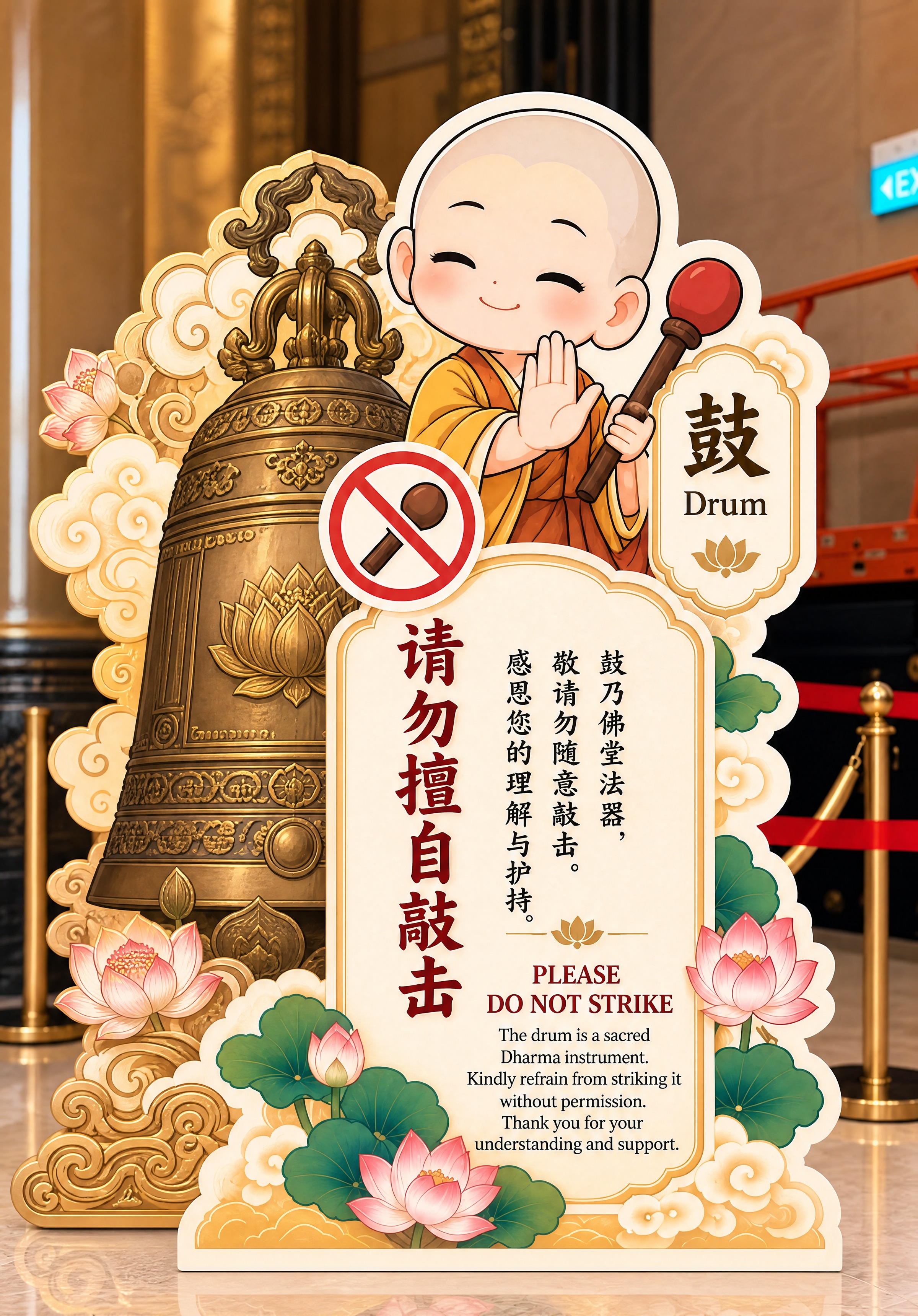 保留整体设计布局和小和尚卡通形象、文字内容、祥云莲花装饰元素，… - 图片创意预览