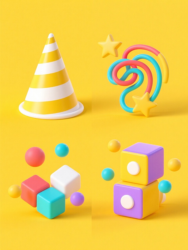 纯色背景，保持3D立体风格，明亮欢快的氛围，由黄色带白色条纹的锥形杯、彩色螺旋条、星星、方块、圆点等元素组成，四个完全不同造型的系列素材集合规整排布，无任何文字和logo。