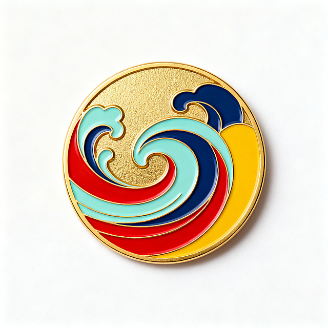 圆形徽章设计，现代国风风格，融入安徽文化内涵，无具体地标，将鱼灯巡演动态抽象为连续流畅弧线，呈现轻盈灵动的江淮水韵，线条柔和连贯层次递进，配色为金色、藏蓝色、浅青色、鲜红色、金黄色，哑光珐琅质感，整体对称平衡，传递温暖情感，体现文脉传承，原创抽象设计