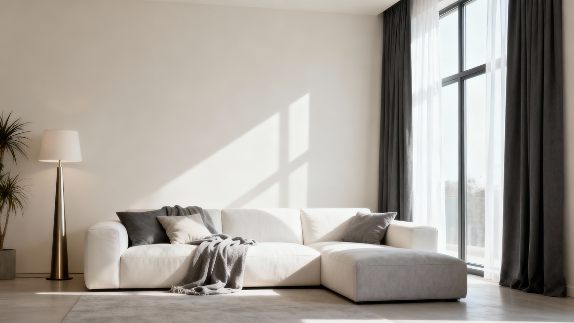 根据参考图的极简风格和光影效果，生成一张正视角度拍摄的场景图，包含奶白色的墙面，巨大的落地窗占据右侧一面墙，窗边拉开深灰色窗帘，窗帘里面漏出一点白色纱帘，阳光透过窗户洒入室内形成柔和的光影效果。客厅中预览效果