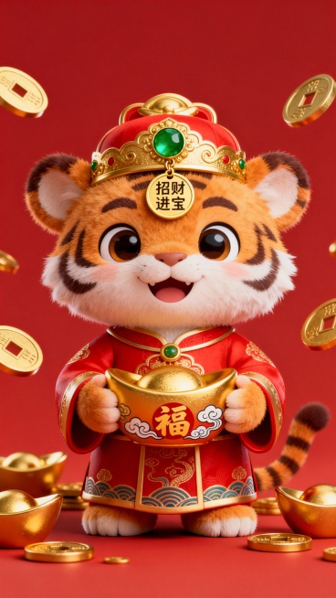 一个穿着传统红色财神爷服装的可爱卡通老虎，头戴金色财神帽，帽子上有绿色宝石装饰和写有“招财进宝”的金色圆形吊坠，双手捧着一个金色的元宝，元宝上有“福”字和祥云花纹，整体呈现3D立体效果，毛茸茸的质感，预览效果