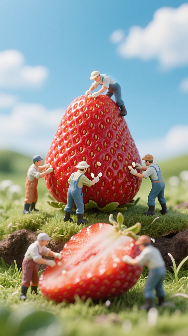 清新水彩风，微缩艺术展现超现实草莓世界，卡通小人忙碌其间，营造梦幻田园景象。