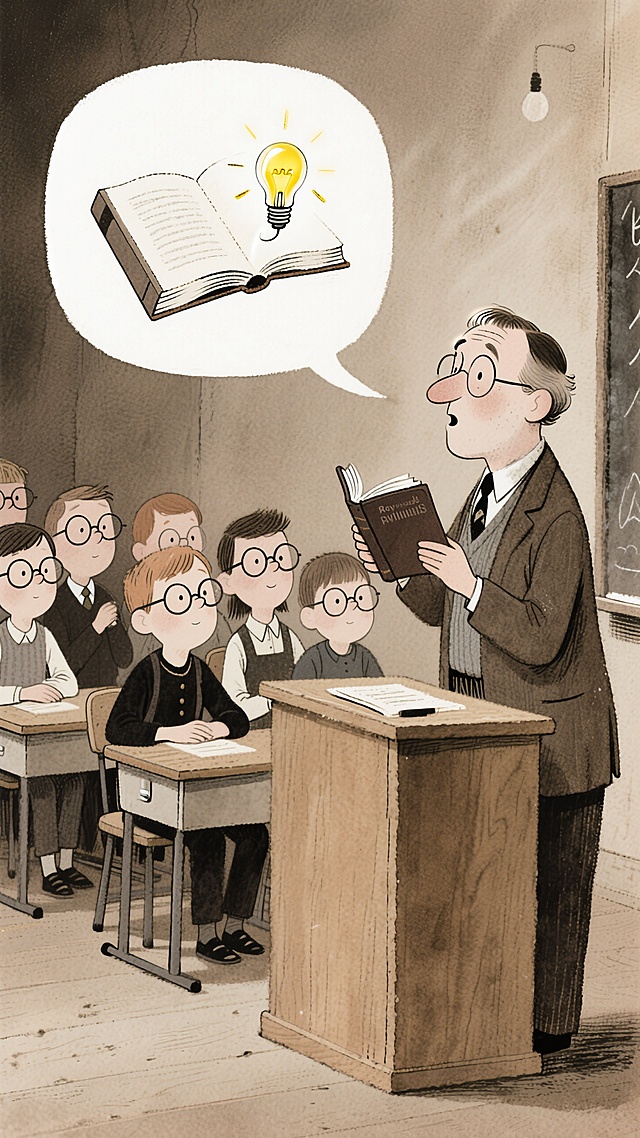 复古插画风，漫画手法展现课堂智慧火花，书页间点亮知识之光。老师把知识和为人处事的方式教给我们，教书育人。