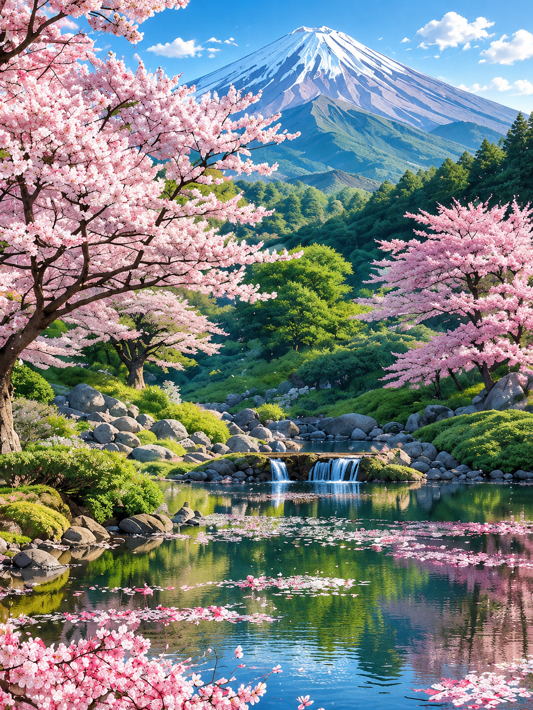 提取参考图中的门帘图案，完整还原富士山樱花风景：远景是积雪的富… - 图片创意预览