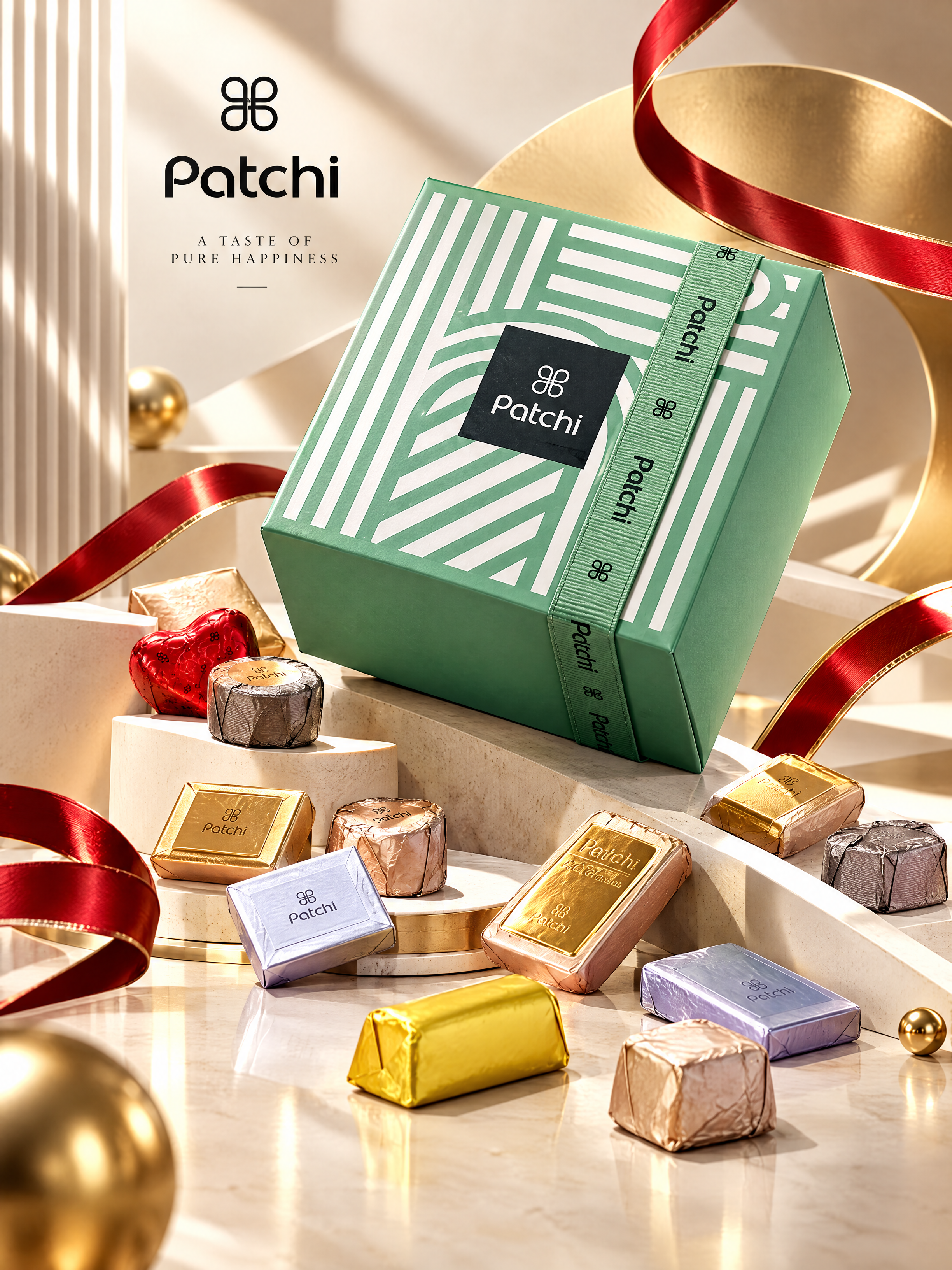 高端商业产品摄影海报，主体是Patchi巧克力礼盒与多款巧克力… - 图片创意预览
