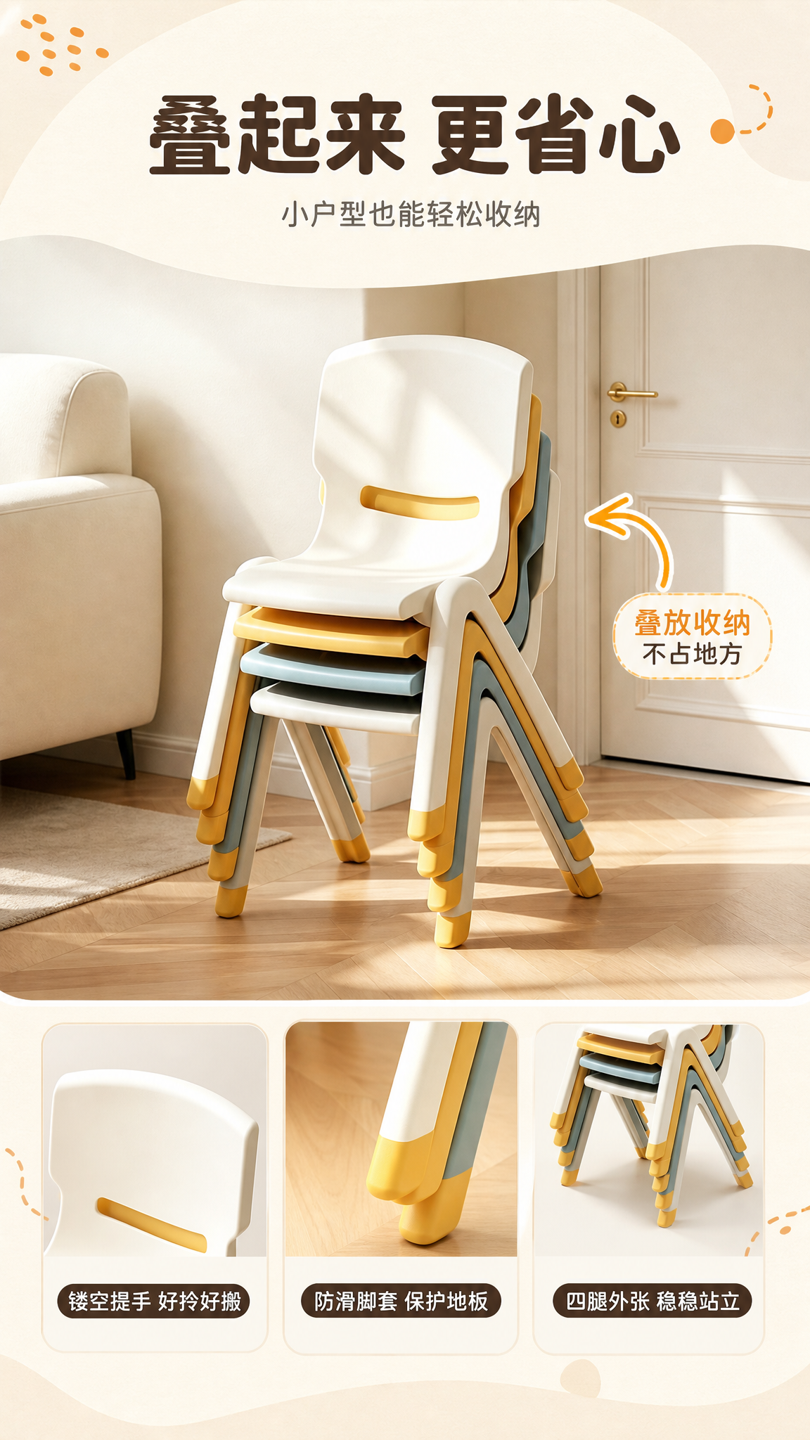 [商品] 使用【图2】多色可堆叠儿童塑料椅：保留米白、芥末黄、… - 图片创意预览