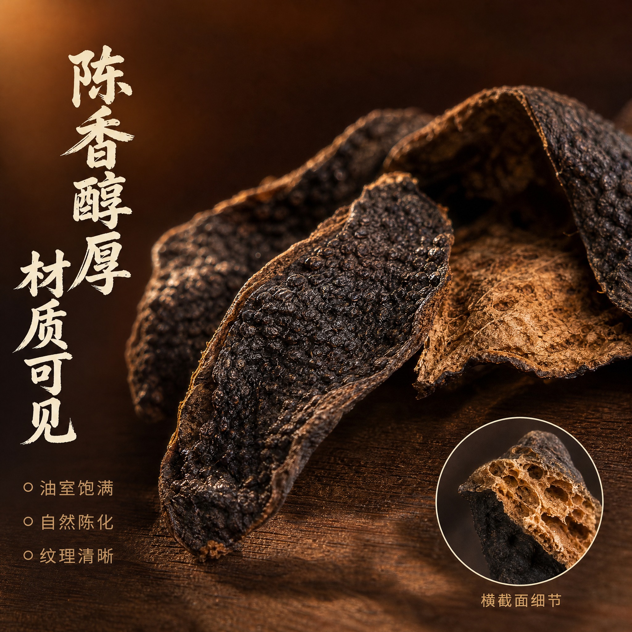 [主图-3] 细节材质图，微距展示陈皮丝纹理与质感，突出产品材… - 图片创意预览