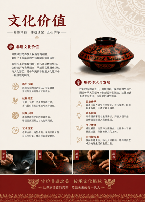 彝族漆器宣传折页内页，标题"文化价值"，阐述彝族漆器非遗文化价值与现代传承，搭配简约传统纹样，文字排版舒适，突出文化传承主题预览效果