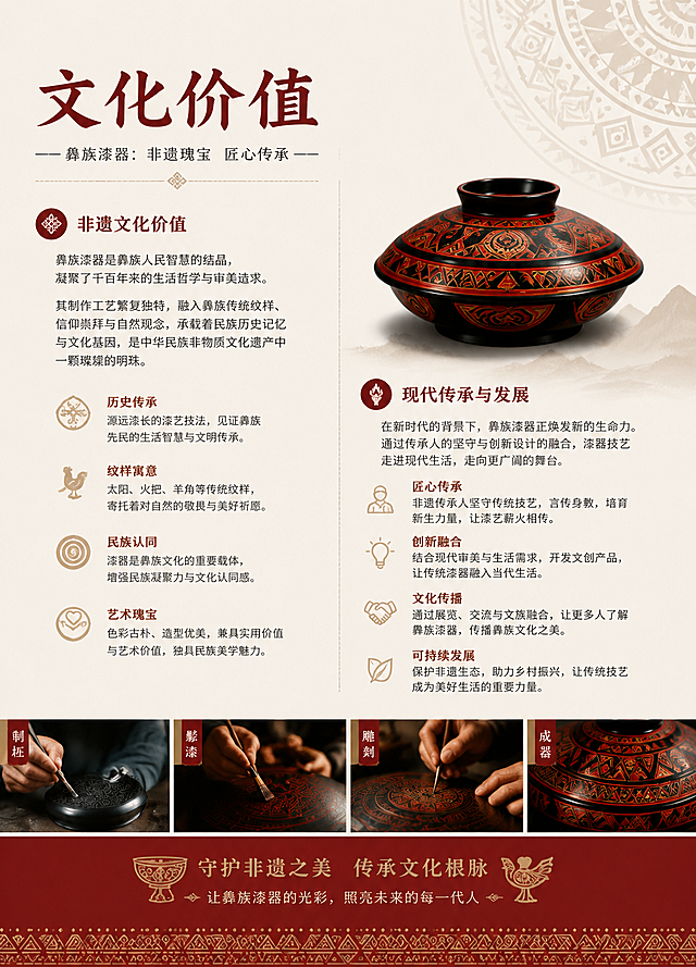 彝族漆器宣传折页内页，标题"文化价值"，阐述彝族漆器非遗文化价值与现代传承，搭配简约传统纹样，文字排版舒适，突出文化传承主题