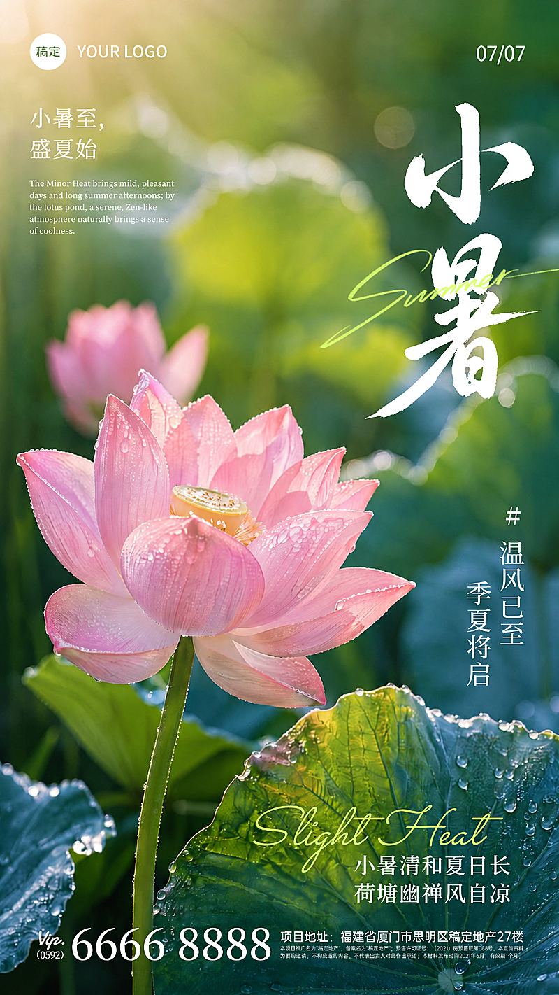 小暑节气祝福夏日荷塘实景风节日竖屏海报