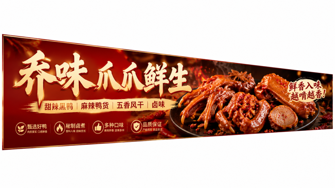 设计一张梯形异形海报，海报宽度为480厘米，左侧高度90厘米，右侧高度30厘米，海报为梯形形状。海报大标题文字为"乔味 爪爪鲜生"，下方小字文字为"甜辣黑鸭  麻辣鸭货 五香风干 卤味"，海报中加入鸭预览效果