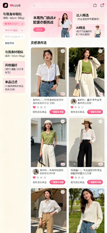 5. 社区灵感墙页面
场景：用户浏览社区内容获取穿搭灵感

text
**页面布局**：双栏瀑布流设计

**左侧栏 - 智能筛选**：
- “与我身材相似”（梨形·165cm·55kg）
- “风格预览效果