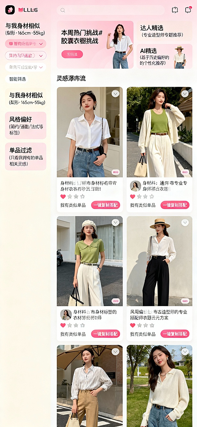 5. 社区灵感墙页面
场景：用户浏览社区内容获取穿搭灵感

text
**页面布局**：双栏瀑布流设计

**左侧栏 - 智能筛选**：
- “与我身材相似”（梨形·165cm·55kg）
- “风格偏好”：简约、通勤、法式等标签
- “单品过滤”：只看我拥有的单品相关灵感

**主区域 - 灵感瀑布流**：
- 用户生成的穿搭照片（带身材标签）
- 专业搭配师的造型方案
- 每张卡片显示：点赞数、收藏数、“我有类似单品”提示
- “一键复制搭配”按钮：直接匹配用户衣橱中的相似单品生成方案

**顶部特色区**：
- “本周热门挑战”：#胶囊衣橱挑战
- “达人精选”：专业造型师的专题推荐
- “AI精选”：基于你历史偏好生成的个性化推荐

**关键词**：`community inspiration wall, two-column layout, left: smart filters for body type and style, main: waterfall feed of outfit photos with body tags, one-click copy outfit button matches user's closet, top sections: weekly challenge, curator's picks, AI personalized picks, social yet personalized design --ar 9:19`                                                                                                                                    按照手机标准尺寸进行制作