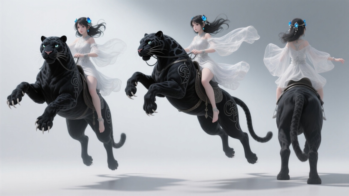 山神少女，黑色豹坐骑，西幻风，全身，正在高高跃起预览效果