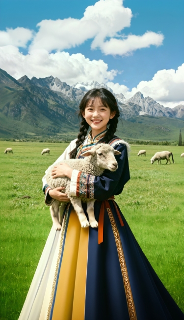 帮我生成一个穿着民族服饰的甜美女孩抱着一只羊面带微笑 表情甜美眼睛弯弯的后面是高山蓝天白云 脚下是大草原与分散的羊预览效果