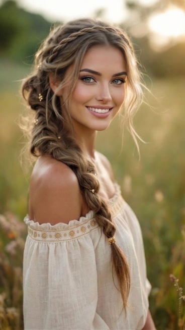 将模特头上的扭辫发带稍微调细一点，保持发带与头发融合自然，整体画面风格和质感不变预览效果