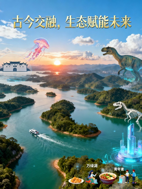 核心关键词（4个）
 
1. 万绿湖（生态地标）

精准提示词（按关键词）
 
- 万绿湖：碧水如玉，星岛棋布，青山环抱，游船泛波，蓝天白云，桃花水母，日出/日落柔光，航拍视角

设计说明（多元素融合预览效果