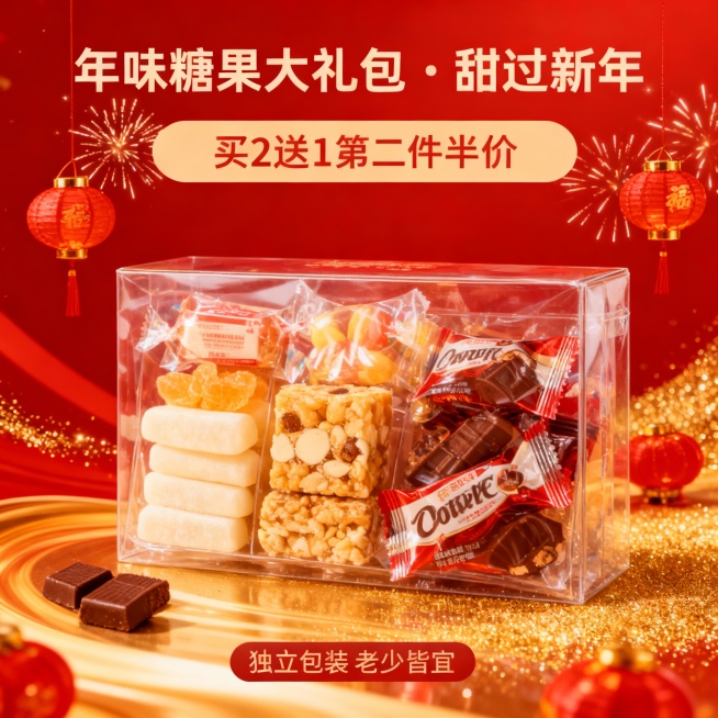 马年年货节零食促销海报，红金渐变背景 + 流动金粉光效，核心产品为什锦糖果礼包（奶糖、酥糖、巧克力），礼包采用透明设计，露出缤纷糖果，周围点缀迷你红灯笼与烟花特效，主标题 “年味糖果大礼包・甜过新年”预览效果