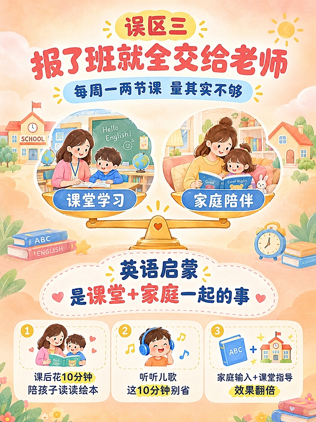 [商品] 英语启蒙育儿干货教育服务类内容，无实物商品。
[画面] 第5张误区三详解页，目标是强调家校配合的重要性。画面中间是一个天平或桥梁的图示，左边是"课堂学习"（老师和孩子在教室），右边是"家庭陪伴"（妈妈和孩子在家读绘本），两者平衡连接。背景是柔和的暖橙色渐变，点缀小房子、学校建筑、书本、时钟等元素。整体构图居中对称，天平/桥梁为视觉中心，上下分布文案。
[视觉] 套系策略：风格=温馨亲子手绘插画风；标题字=圆润可爱无衬线粗体；正文字=简洁圆润无衬线体；主色=浅珊瑚粉+天空蓝；背景延展=基于马卡龙色系做渐变层次、柔和光晕和细腻纸张质感；强调色=明黄色，仅用于小面积图标、标签和重点文字高亮；标题色=深珊瑚粉；正文色=深灰蓝；组件=圆角浅底信息卡、可爱手绘图标、虚线引线；光影=顶部柔和暖光，整体明亮通透。
[文字] 顶部大标题"误区三 报了班就全交给老师"，副标题"每周一两节课 量其实不够"。中间天平图示两侧分别标注"课堂学习"和"家庭陪伴"，下方写"英语启蒙 是课堂+家庭一起的事"。底部要点："课后花10分钟陪孩子读读绘本""听听儿歌 这10分钟别省""家庭输入+课堂指导 效果翻倍"。
[规格] 图片比例3:4竖版，2K分辨率，避免变形、错字、文字过小、出现二维码或联系方式。