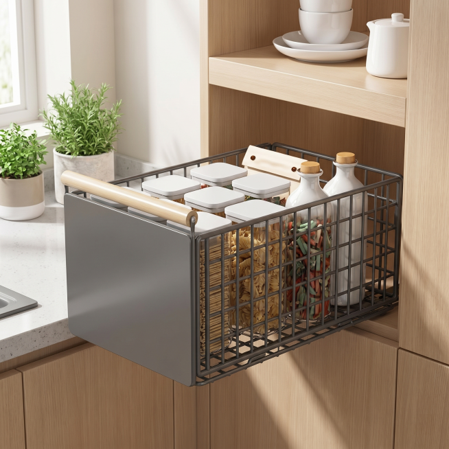 [主图 1] Pull-out cabinet basket installed in modern kitchen scene. [氛围风格] Home healing style, clean a预览效果