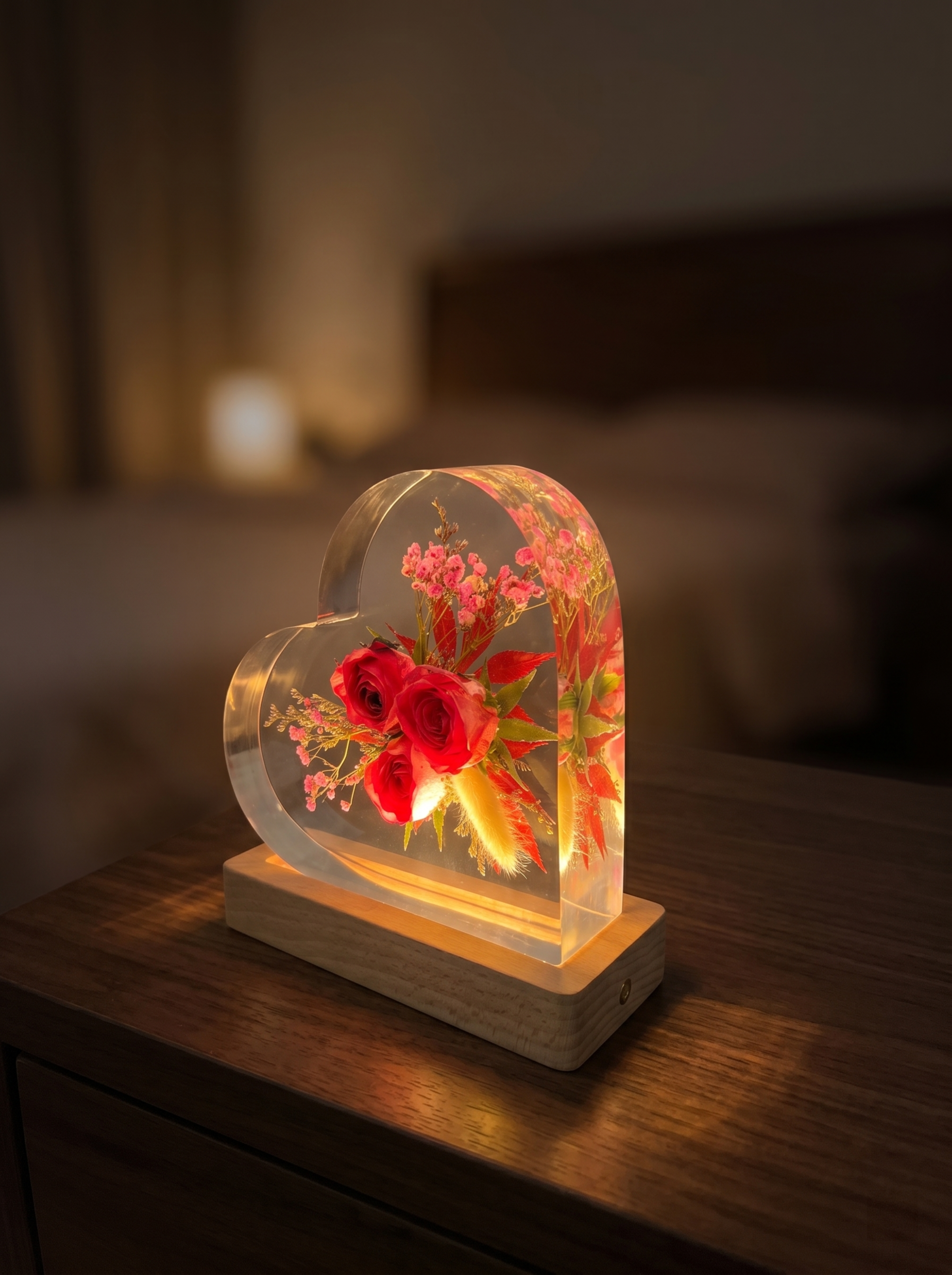 产品为心形树脂干花摆件，包含心形透明树脂块和原木底座，干花为三… - 图片创意预览